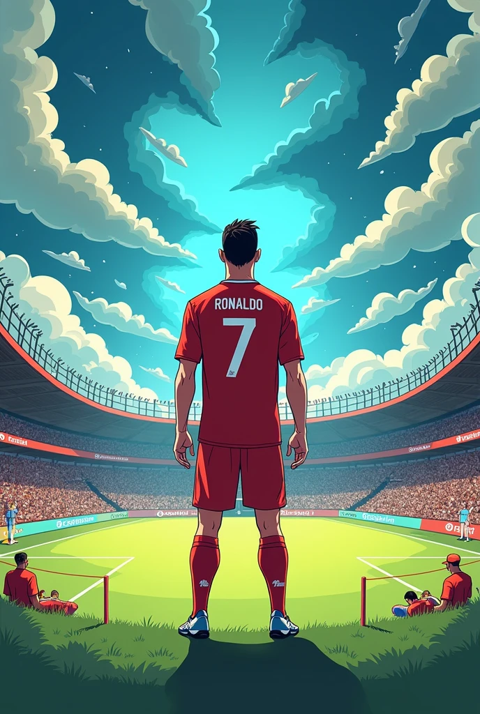 Cartoon Illustration showing the back of Cristiano Ronaldo in the middle of a football field with the number 7 on his back., but the field is starting to transform into a digital creative space filled with visual inspiration.: large monitor screen, alat-alat seni, dan elemen-elemen budaya global, shows the transition from athlete to content creator.