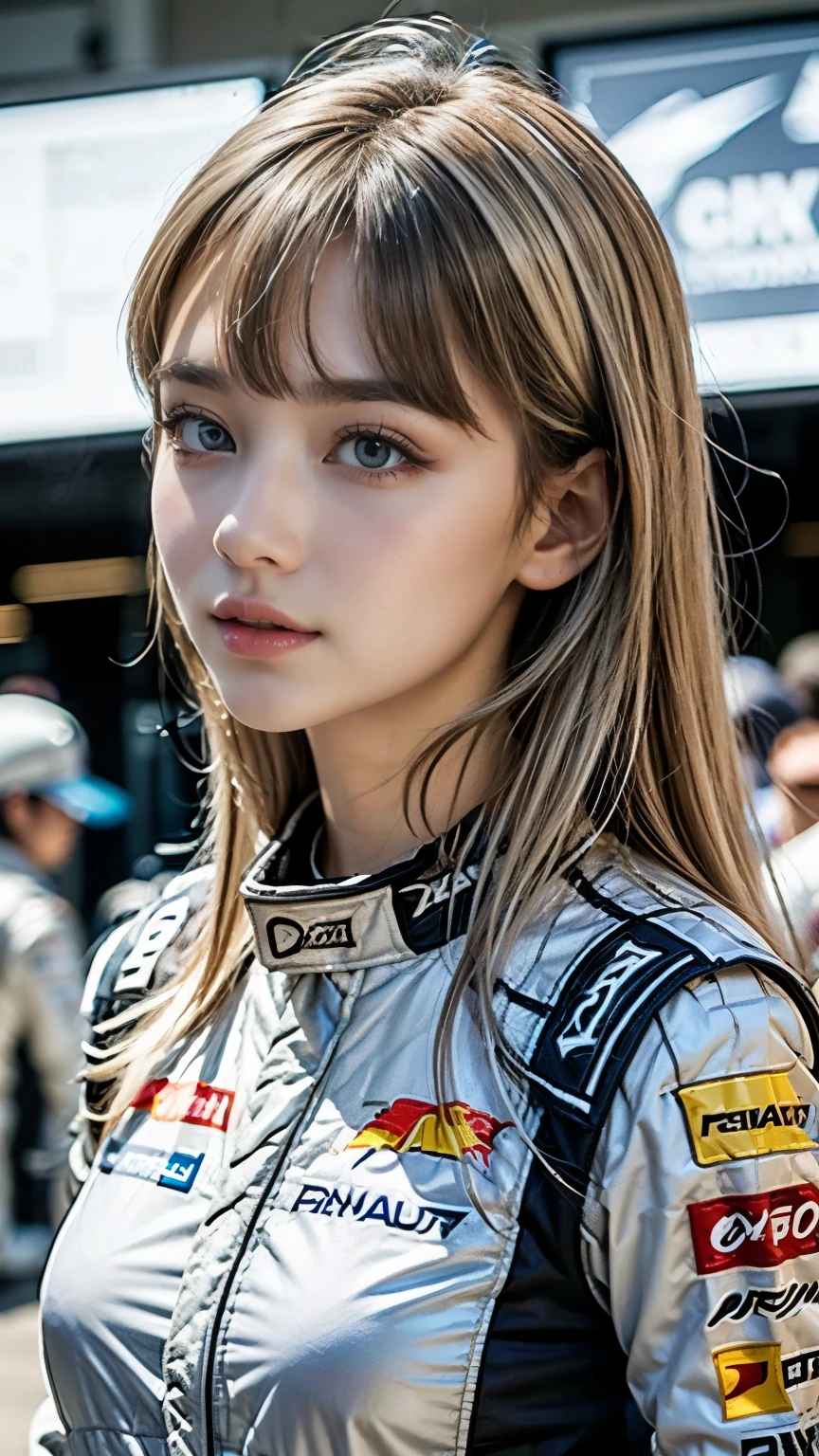 Create a woman with long, straight gray hair. She wears bangs and her hair is very light blonde. She is dressed in a Formula 1 driver&#39;s uniform and is holding a helmet.. His uniform is black with red details., corpo sexy. an adult woman. Her hair is light blonde 