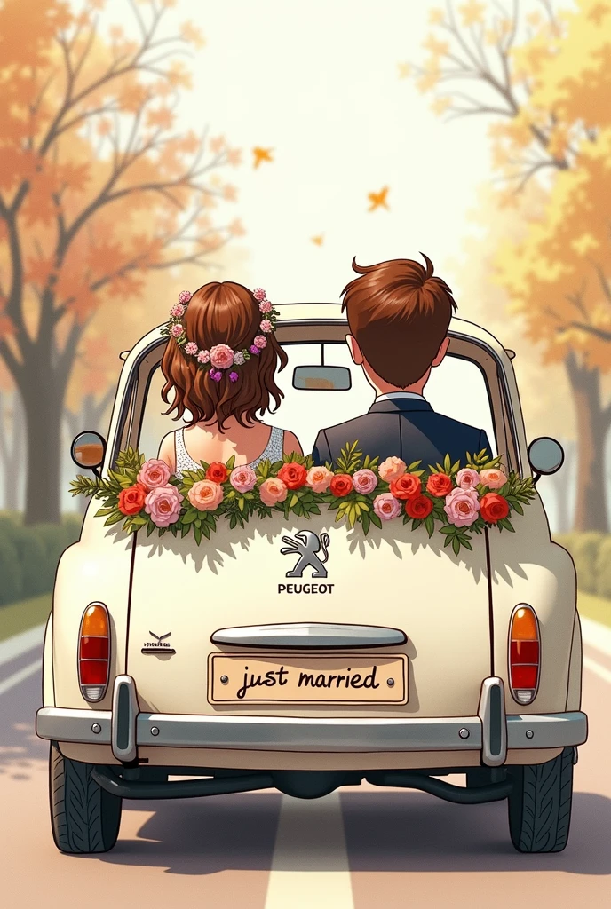 A drawn picture. Bride and groom sitting in a wedding car. Bride and groom have brown hair. You can see them through the rear window of the car. The car is a Peugeot with Peugeot logo and decorated with flowers. The license plate says “just married”
