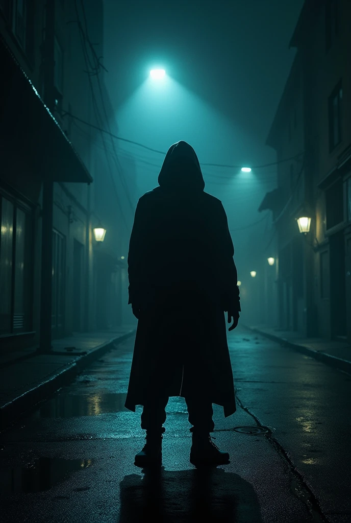 Create an image for a song titled 'Survive the Night.' The scene is dark and intense, set in a gritty urban environment at night. The city streets are empty but filled with a sense of danger. Shadows dominate the scene, with dim streetlights casting an eerie glow. In the distance, a lone figure stands strong, exuding confidence and resilience, ready to face whatever comes. The overall mood should evoke survival, determination, and the raw energy of the night
