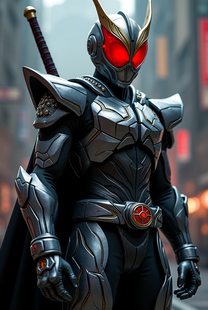 A close up of kamen rider with full body armor and a sword on the back