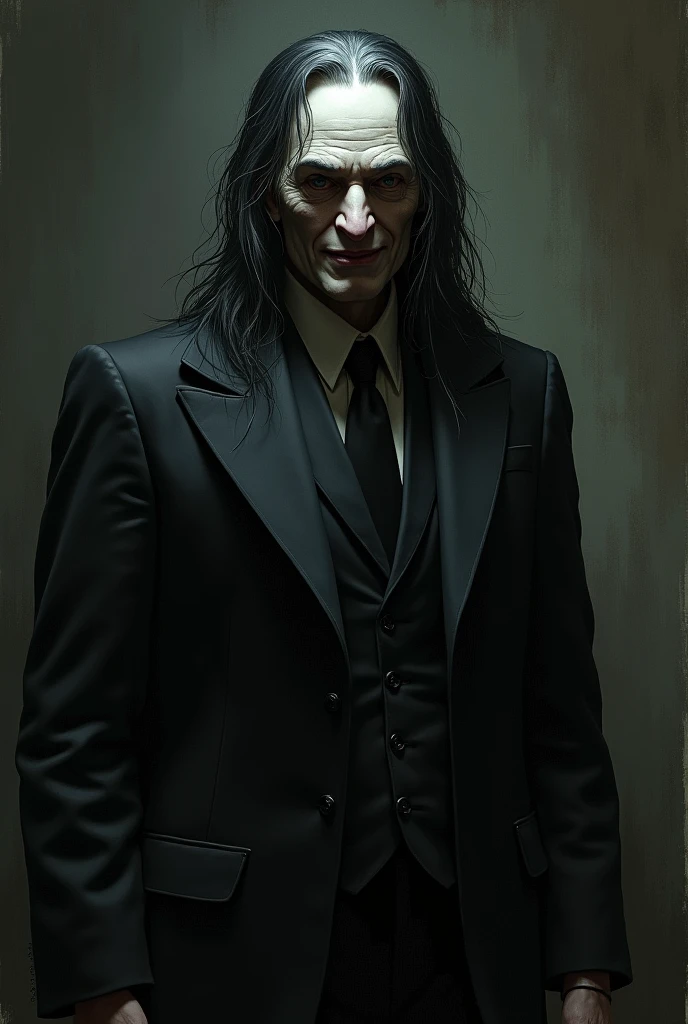 Create art for a villain in a movie I'm creating.
He has long hair and the skin on his body is extremely pale., his left eye has cataracts and he is wearing suits and has a creepy smile. Make art convey your villainous and psychopathic nature.