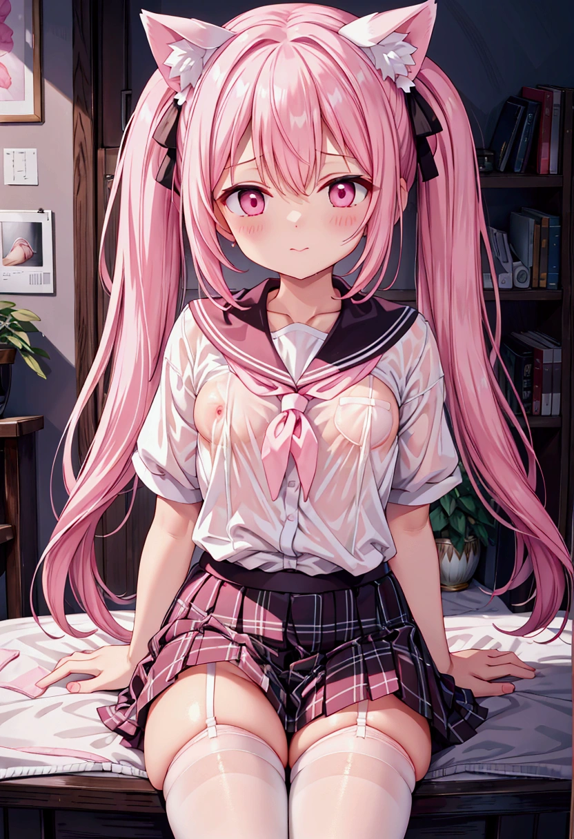 White silk stockings, Pink underwear, white striped underwear, Wear underwear only, undress, naked