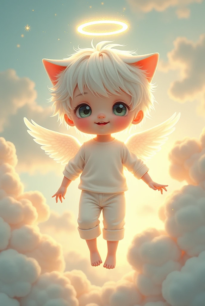 masterpiece, best quality, 8K resolution,((best quality)), ((masterpiece)), 애니메이션 boy, Body,Very short,white hair,White pants,cat ears,(((masterpiece))), best quality, very detailed, (oil painting:1.0), Pale color, fresco,(((art nouveau))), (((rays of twilight))), (((glitter effect))), (((angel))), (((halo))), (((boy))), (((alone))), (((Gold Shorthair))), (((angel costume))), whole body, I am, (((Remain in the sky))), Ahoge, (((diformed))), (((Chibi Character))), old fashioned smile,