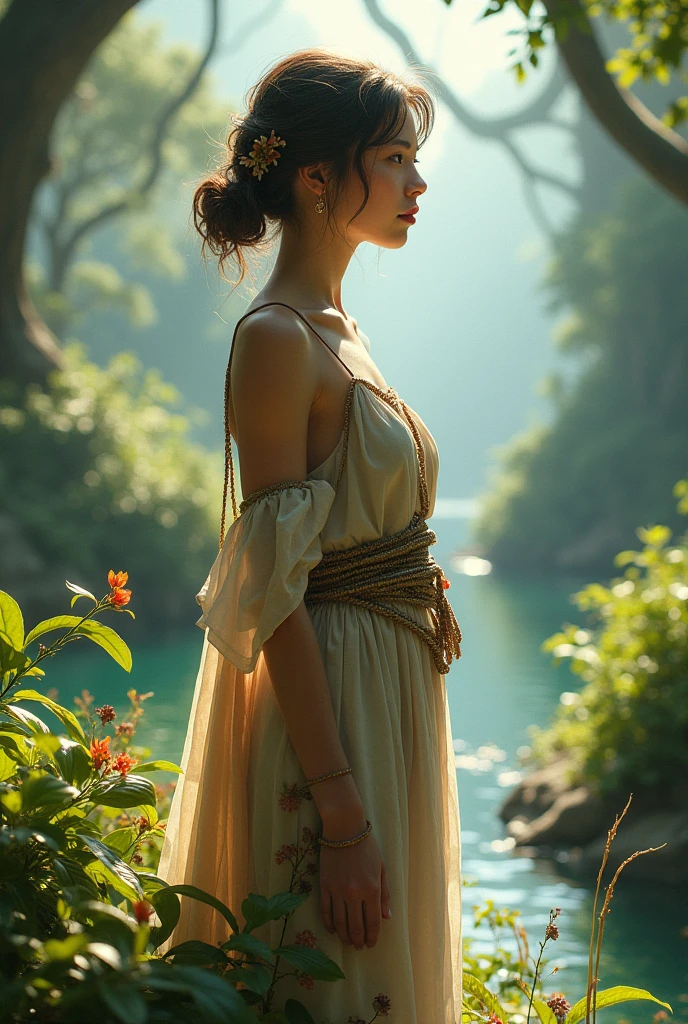 generate beautiful woman single and she is Mindful Explorer show full cloth