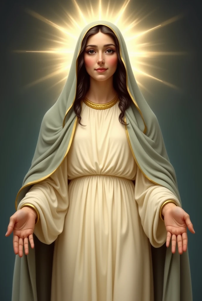 A Virgin Mary with her white tunic and veil, very smiling, with her beautiful illuminated gaze, black eyes, his arms outstretched , her black hair