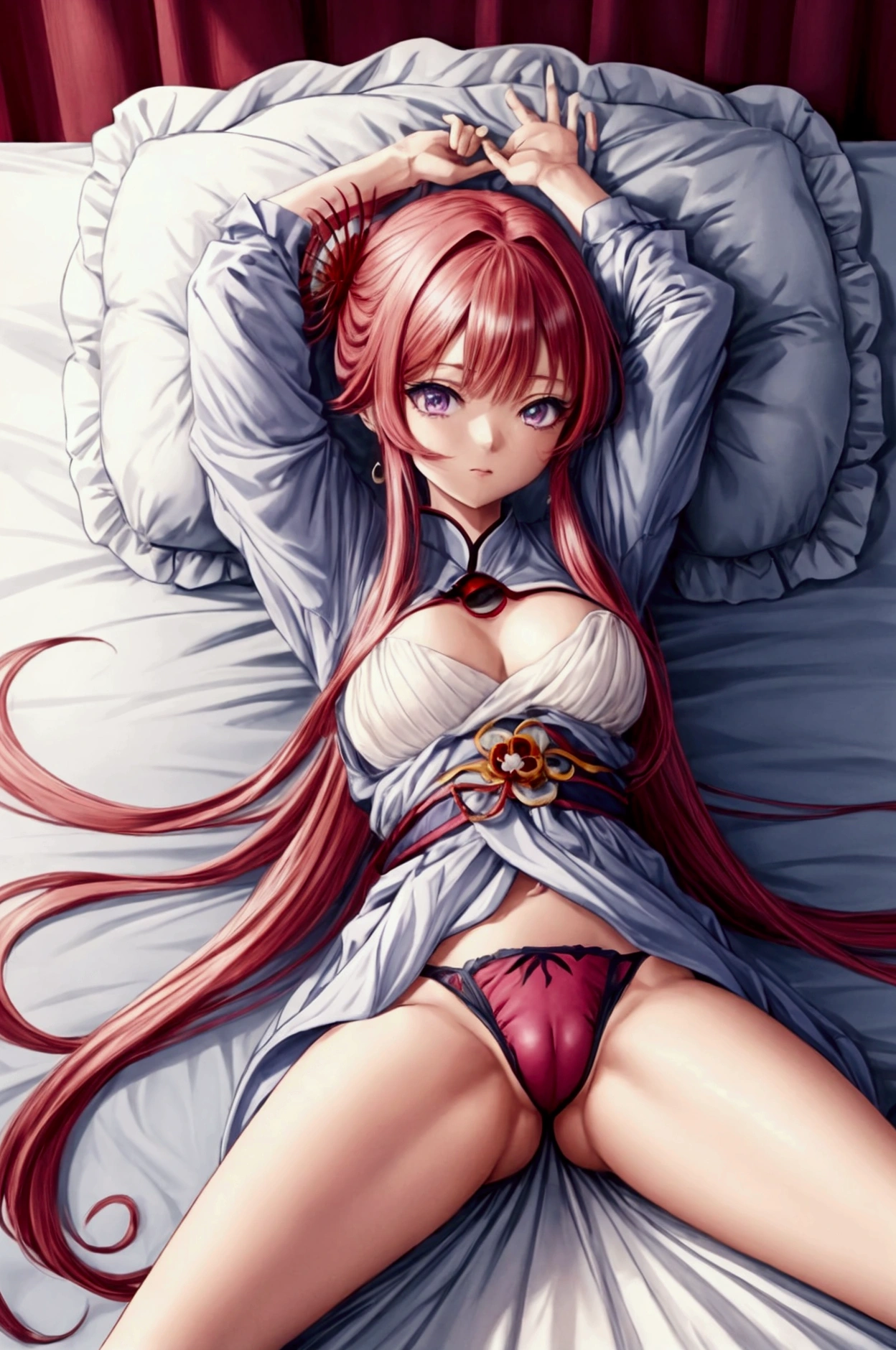 An anime character lying in bed wearing purple, red and white clothes., Fascinating anime, Highly Detailed Art gems, 美しくFascinating anime女性, Anime Goddess, , Trending on cgstation, Detailed anime artwork, 8K High Resolution, Detailed Art, Ayaka Genshin Impact, 美しくFascinating animeのティーン, Renji Murata and ArtJam, Beautiful and detailed anime art,((Spread your legs))
