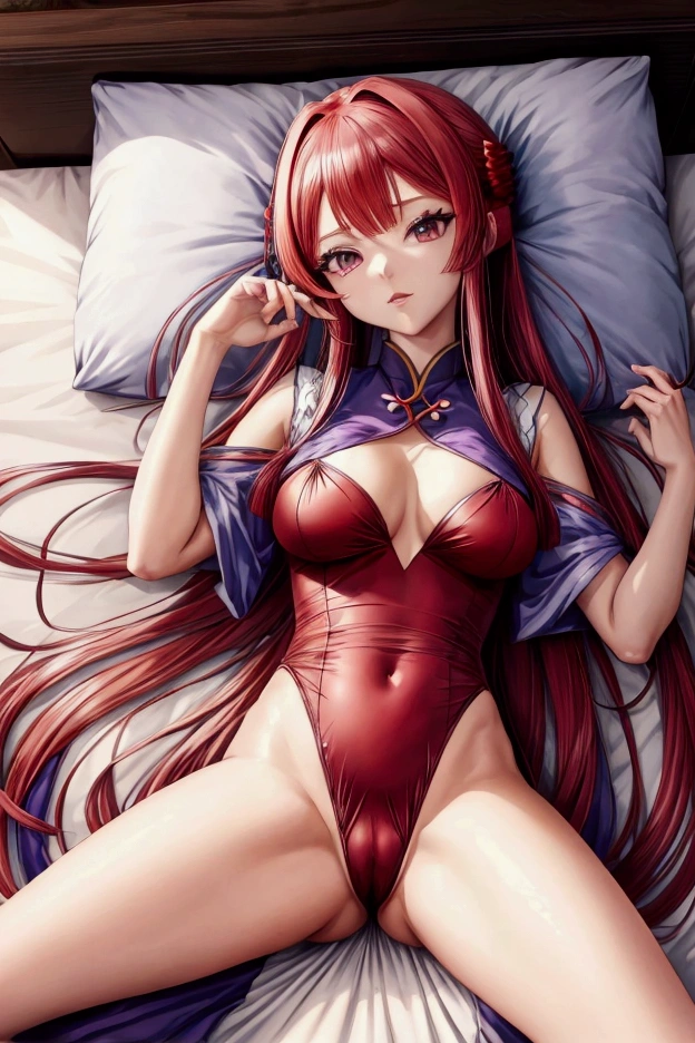 An anime character lying in bed wearing purple, red and white clothes., Fascinating anime, Highly Detailed Art gems, 美しくFascinating anime女性, Anime Goddess, , Trending on cgstation, Detailed anime artwork, 8K High Resolution, Detailed Art, Ayaka Genshin Impact, 美しくFascinating animeのティーン, Renji Murata and ArtJam, Beautiful and detailed anime art,((Spread your legs))