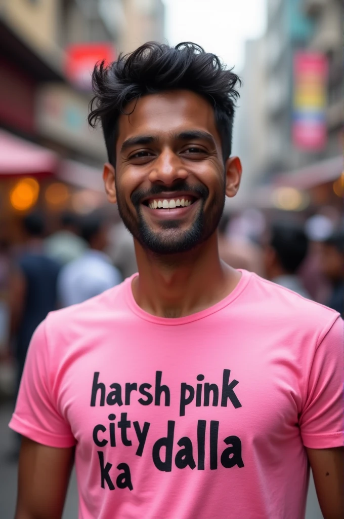 A 28 year old smiling Indian man wearing a t-shirt on which "Harsh pink city ka Dalla" is written.