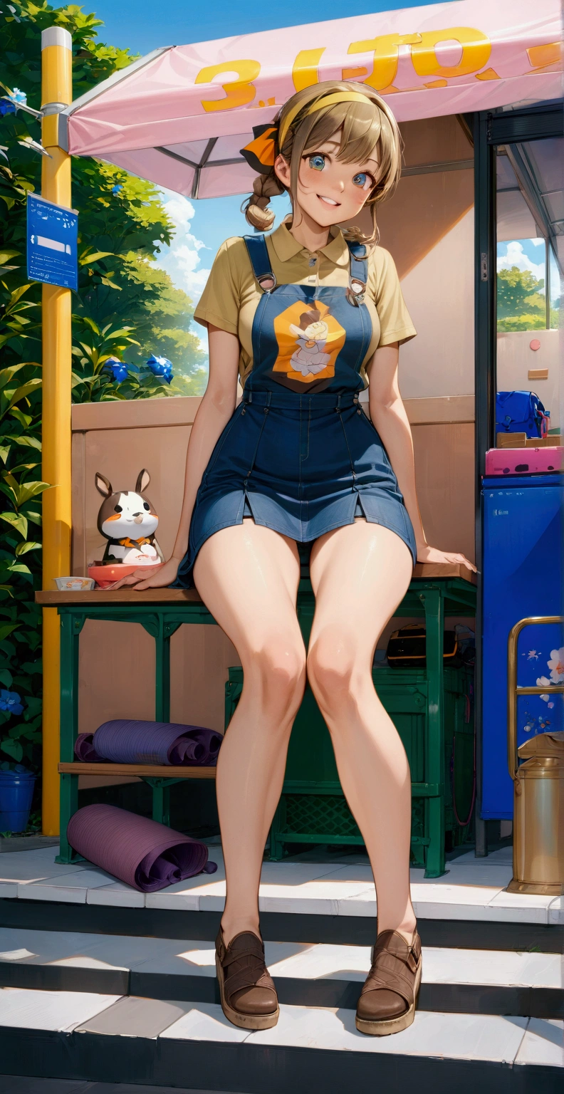 realistic anime illustration of young woman is smiling (+teeth), and waiting at the roof of bus stop, she is brown braid with yellow headband, wearing lemon-yellow sleeveless t-shirt, prussian-blue denim pinafore mini dress, (1girl, solo, full body), (masterpiece, best quality, japanese anime style), (expressive eyes, perfect face, perfect anatomy)