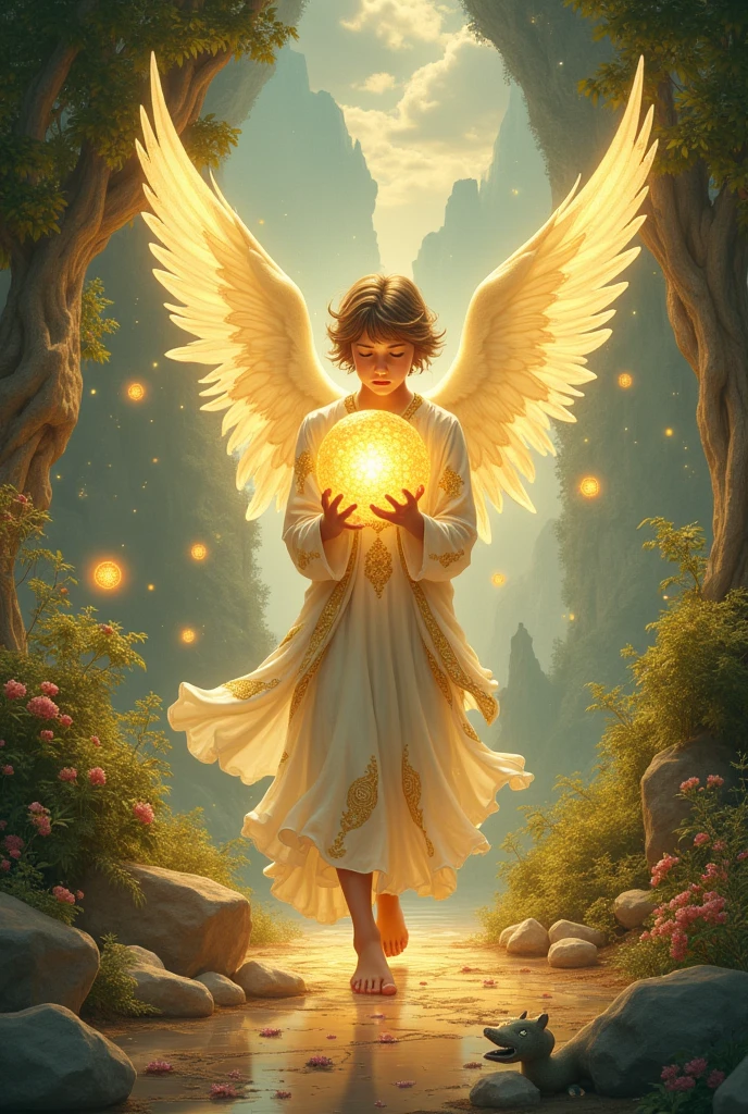 Create a captivating and ethereal image for the 'Page of Spheres' card in the 'Lumen Angelis' tarot deck, inspired by the 'Page of Pentacles' from the Rider-Waite tarot.
In the center of the scene, depict a young angelic figure, embodying the essence of youthful curiosity and the pursuit of knowledge. The angel, appearing as an androgynous youth, stands with one foot slightly forward, as if taking the first step on a new journey. They are dressed in a robe of shimmering white and gold, with intricate patterns of stars and celestial symbols woven into the fabric, representing their connection to the divine and the mysteries of the universe.
The angel holds a glowing, golden sphere in their hands, gazing at it with a look of focused wonder. This sphere represents a seed of potential, symbolizing new opportunities, ideas, and the manifestation of spiritual and material goals.
Surrounding the angel is a lush, verdant landscape, filled with flowering plants, vibrant trees, and small, glowing orbs of light that float gently in the air. The landscape suggests a place of growth and possibility, where the angel’s ideas can take root and flourish. The ground beneath them is made of crystalline structures that reflect the light of the sphere, creating a harmonious interplay of light and shadow.
In the background, a distant celestial mountain range rises up towards a sky filled with soft, golden clouds. The mountains represent the challenges and opportunities that lie ahead, while the golden sky suggests a dawn of new beginnings.
Two small, ethereal creatures, resembling dragons with soft, translucent wings, hover nearby, symbolizing the protective and guiding forces that accompany the angel on their journey of learning and exploration. Their presence adds a playful yet powerful energy to the scene.
The overall color palette should be rich in earthy tones, golds, and soft greens, with the light from the golden sphere being the focal point of the image. This creates a