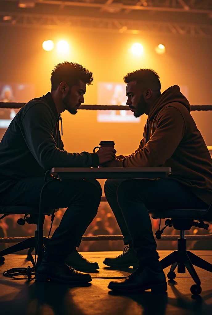 "Imagine a powerful promotional flyer for a graphic designer battle, set in a professional boxing ring. Two Black designers, each with a stylish French crop haircut, sit facing each other with intense, competitive expressions. Both are seated at their computers, their focus unbreakable as they prepare for the creative showdown. The tension is palpable, with their postures and expressions reflecting a rigorous, determined attitude. The scene is bathed in a dramatic golden backlight, which adds a sense of grandeur and intensity to the atmosphere. The background features a faintly visible, energized crowd and digital screens, amplifying the anticipation of this high-stakes design duel."