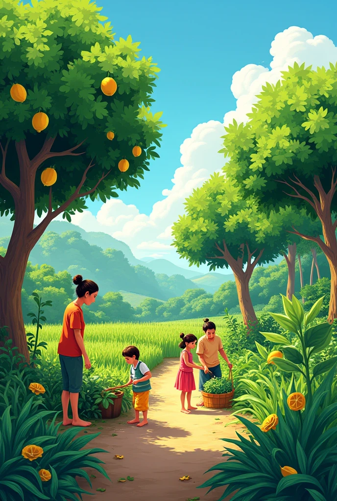 My mother planted lemon trees, jackfruit trees and papaya trees with her two grandchildren. My father farmed in the garden, which was full of vegetables, had a canal and rice plants.



