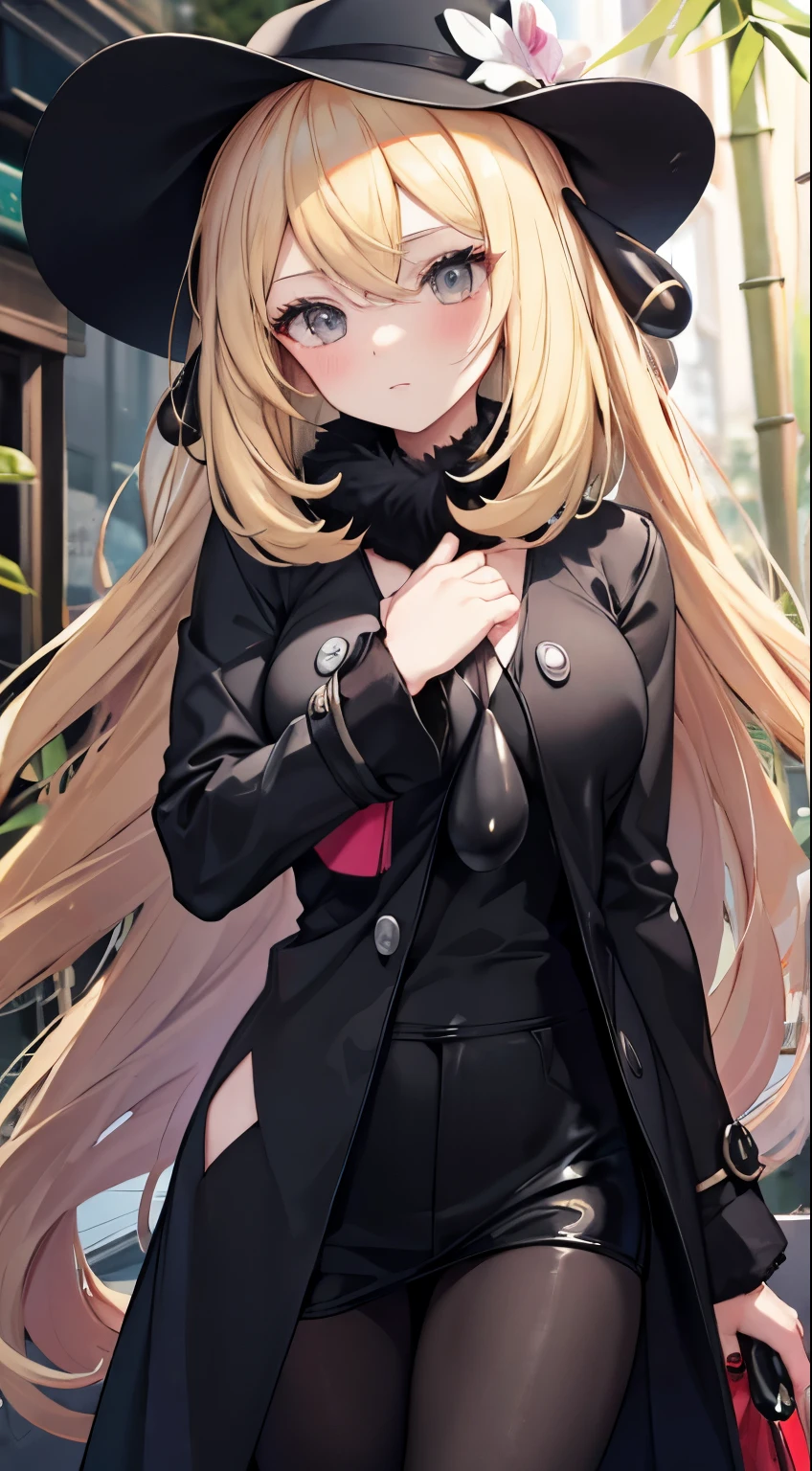 blonde，Gray eyes，Long hair，Cover left eye，Black trench coat，Black clothes，Bamboo Orchid《Pokémon》blush，Large Breasts，Beauty，