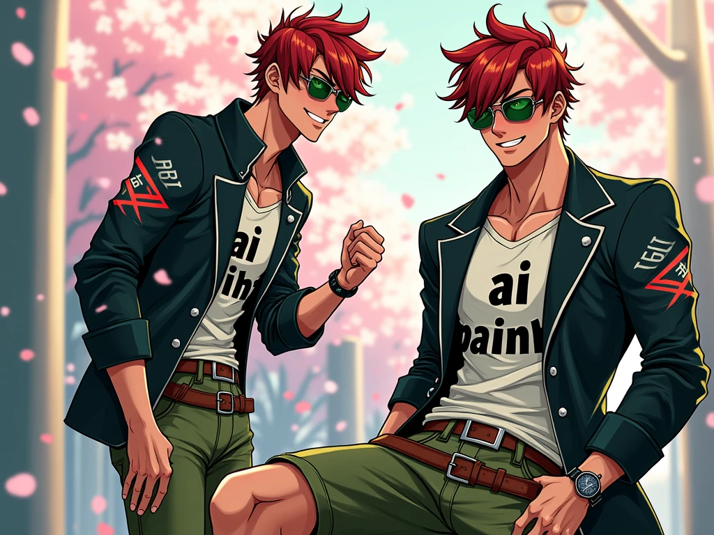 work of art, best quality, full body, 1 boy, black jacket, red hair, green shorts, blushing, wristwatch, muscles, sunglasses, leather belt, collarbone, white shirt with text in saying "Ai Painho! ", biker shot, eyebrows visible through the hair, Gradient hair, smile, kogal, short hair, Looking at the viewer, green eyes, glasses a little down leaving part of the eyes visible, shirt, skirt, smile, Alone, white shirt , street, sky, cherry blossoms, petals, illustration, (magazine:1.3), (cover-style:1.3), modaable, man, vibrant, clothing, posing, front, colorful, dynamic, background, elements, confident, expression , restraint, statement, accessory, majestic, touch, SCENE, text, cover, Audacious, flashy, Title, stylish, font, catchy, title, biggest, impressive, modern, trends, focus, fashion, text in the background saying "Ai Painho!", anime art, manga art, hirohiko araki style art, texto