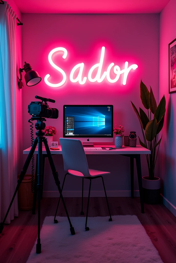 Generate me a YouTube background studio with neon light on the wall says SADOR in my room