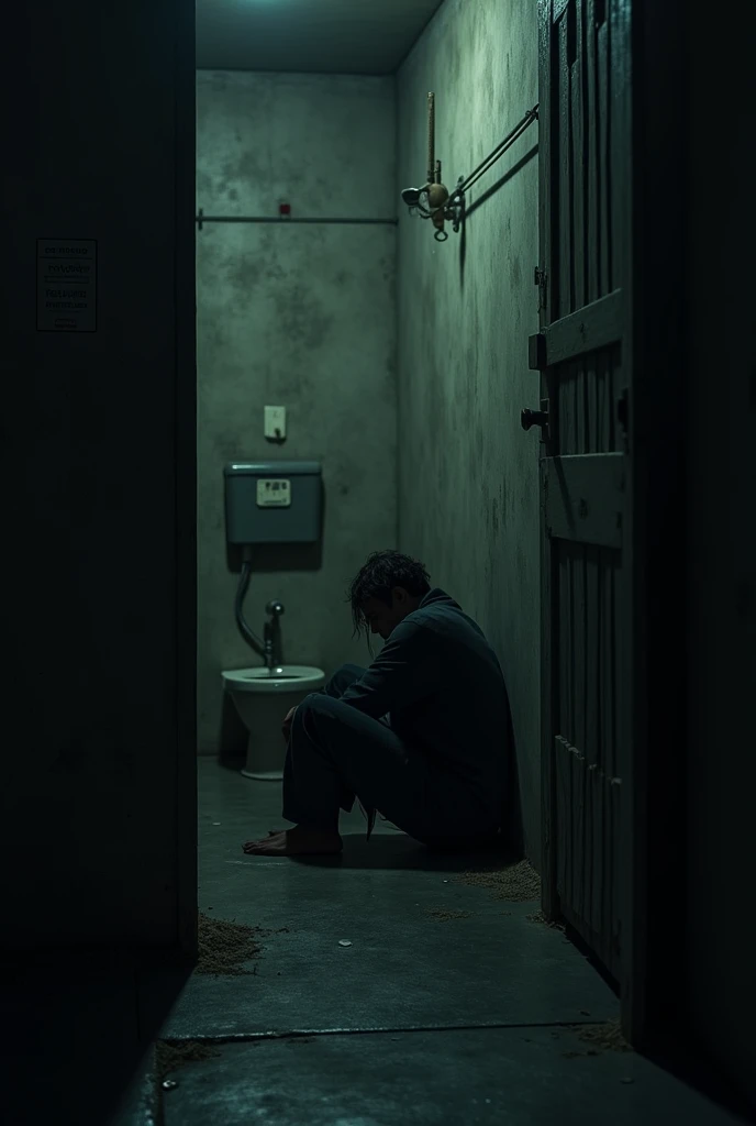 Dark, narrow solitary confinement cell with minimal lighting, highlighting the grim conditions.