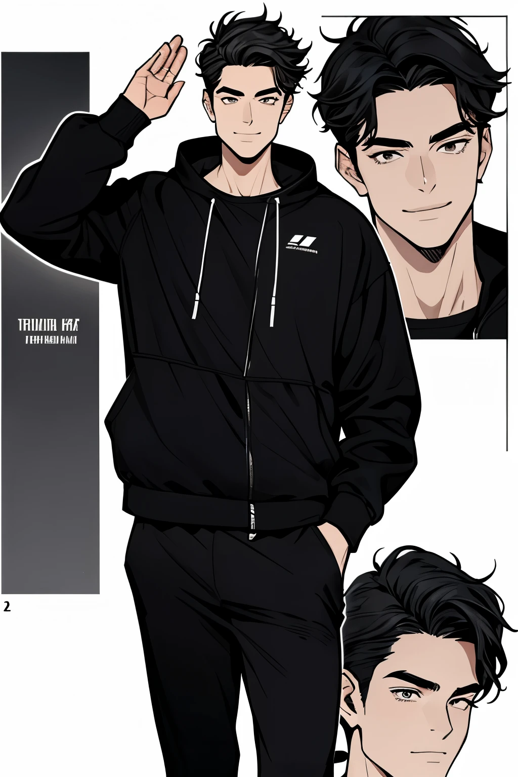 Handsome male in his 20s with black hair smiling, eyes closed, black tracksuit, clapping, character sheet, dynamic pose