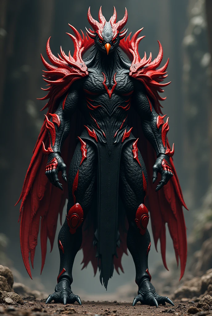 a humanoid character, inspired by a peacock, with black down and red details on it, in combat position 
