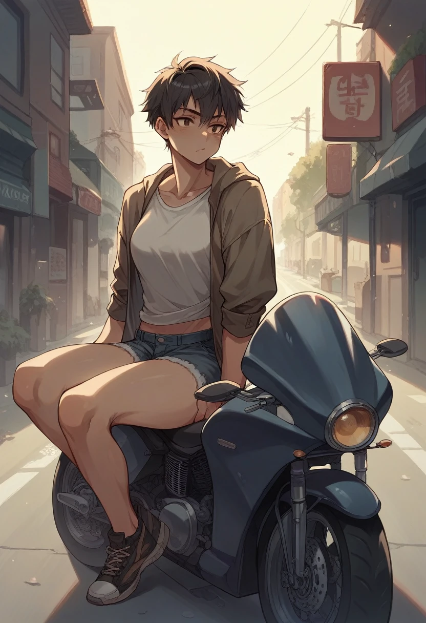A tomboy girl with short hair, masculine features, no makeup, sitting on a modern motorcycle with a matte black finish on an urban street at dusk. The image should be realistic and convey confidence and strength.