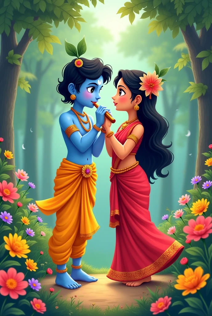 Draw anime-style Lord Krishna in a yellow dhoti and Radha in a red saree, standing together in a vibrant garden. Krishna is playing the flute, and Radha is smiling, with colorful flowers and trees around them." Must be youngest lord krishna and little radha rani too baby 👶 onece 2