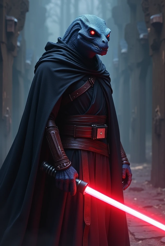 A Sith from Star Wars, blue scarred skin, mix of lizard and human, black cape, dark atmosphere, scary, terrifying, red lightsaber, ultra-realistic