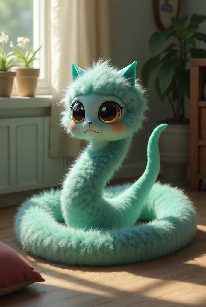 Gymnosomata (sea angel) with a snake body shape and soft fur and lives in a house, its a small pet, it has big black eyes and a soft-plain face