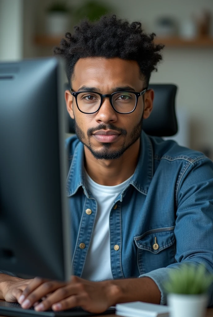 Create a realistic frontal photo of a mixed race man who wears black glasses and has no beard and has short curly hair who is sitting in his chair using the computer inside his office.