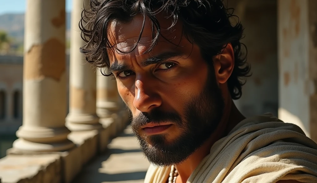 The scene shifts to a dramatic close-up of the male stoic philosopher alone in the ruins of an ancient Roman bathhouse. His tunics are now tattered and stained, and his intense, captivating gaze reflects the pain and disillusionment of betrayal. Harsh, angled lighting creates deep shadows on his face, emphasizing the emotional turmoil. The background features crumbling Doric columns and broken marble, highlighting the contrast between his present despair and the previous sense of stability. The focus is tightly on the philosopher’s expressive face, capturing his vulnerability amidst the devastation.