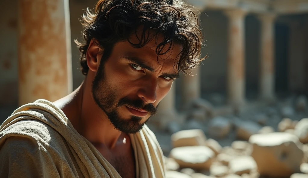 The scene shifts to a dramatic close-up of the male stoic philosopher alone in the ruins of an ancient Roman bathhouse. His tunics are now tattered and stained, and his intense, captivating gaze reflects the pain and disillusionment of betrayal. Harsh, angled lighting creates deep shadows on his face, emphasizing the emotional turmoil. The background features crumbling Doric columns and broken marble, highlighting the contrast between his present despair and the previous sense of stability. The focus is tightly on the philosopher’s expressive face, capturing his vulnerability amidst the devastation.
