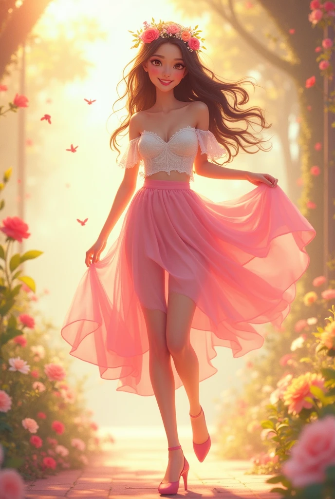Ultra high quality,High heel,Long legs,Smile,Sunlight,Lace off-the-shoulder,Pink long skirt,Wear flowers on your head,student,charming,Ribbon
