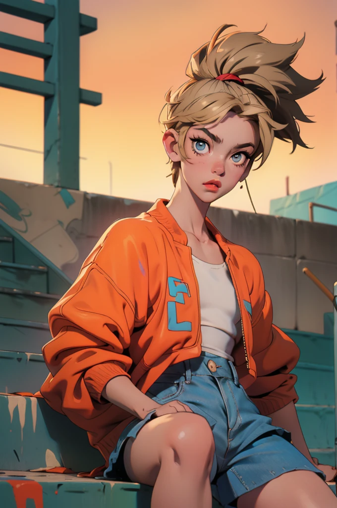 10-year-old boy (Androgynous appearance) with short wavy blonde hair, hazel eyes, flat chest, wearing a white tank top with a colorful print, hazel Bermuda shorts, posing sitting on a staircase with graffiti, upper body, concrete staircase background with graffiti in a skate park, palm trees, depth on field, Dutch angle, afternoon light, evening, sunset, los angles. Young face (detailed), beautiful outlined eyes, full lips (soft appearance), oval face. Medium length hair. Wide hips, slight physical definition. Shapely legs, wearing knee-high stockings. Bulky, protruding buttocks.