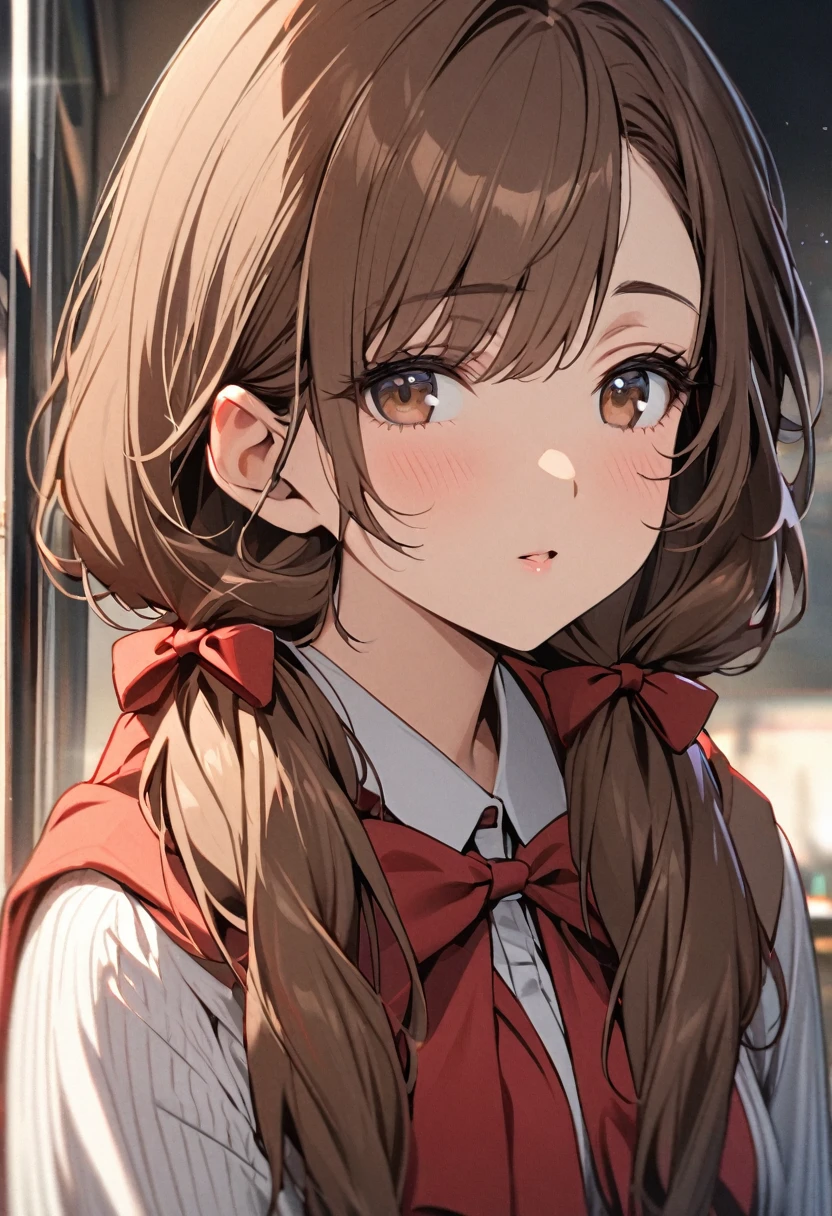 Solo, 1girl, Long Hair, brown hair, brown eyes, mature, red bow, high detail, beautiful eyes, beautiful color, adult, low twin tails, glazing to the distance, cute, half eyes