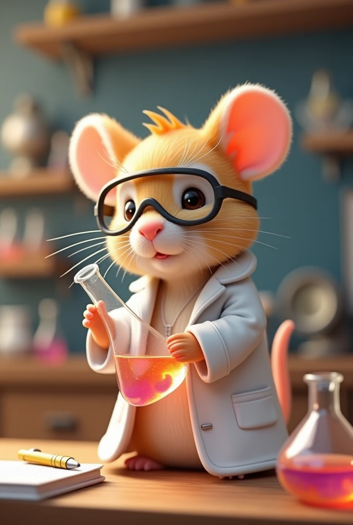 character: A rat from the Sylvanian Families company, Known for her adorable appearance and detailed lifestyle.
CLOTHES: She is dressed in a white robe, typical of a laboratory, that reaches to the knees. The robe has a couple of pockets on the sides., and carries some laboratory utensils, like a pen and a small notebook.
Accessories: The rat is wearing clear safety glasses, that rest on the top of their snout. In one hand, holds a glass flask with a vibrantly colored liquid, maybe blue or green, which suggests that he is working on a chemical experiment.
around: I could be standing in front of a laboratory table, with flasks and test tubes around, as well as a microscope and other laboratory equipment.
Expression: The rat's expression is concentrated, with a mix of curiosity and determination, as if in the middle of an important experiment.