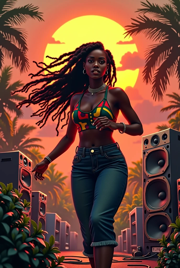 A black jamaican girl with dreadlocks hairs and big breasts dancing in front of a huge sound system speakers during the sunset outdoor tropical vegetation background