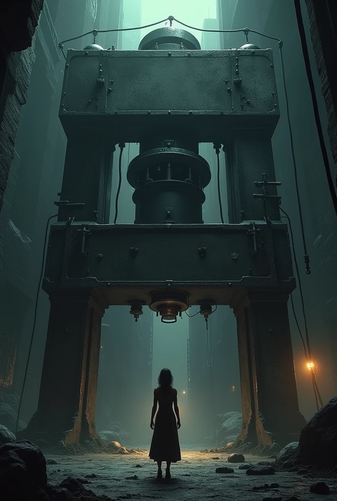 A large, imposing-looking hydraulic press, made of dark and heavy metal, with shiny cylinders and pistons. Hatherley watches her cautiously, while the shadows in the basement seem to lurk. Tubes and mechanisms surround the machine, giving it an industrial and dangerous air.