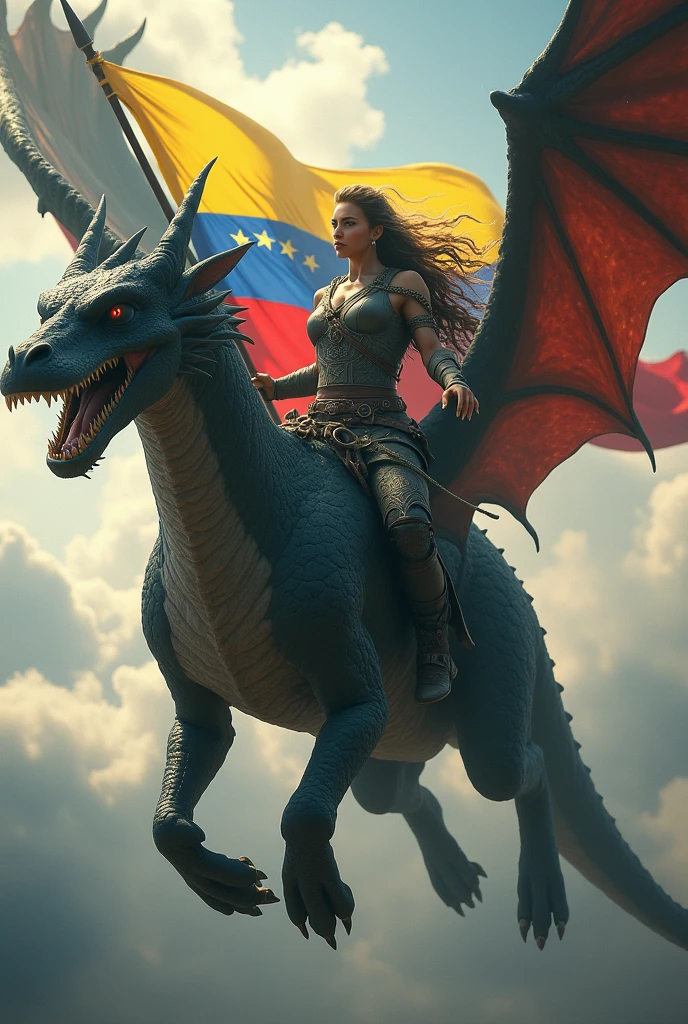 a woman, dressed as a viking, flying a dragon, and carrying the flag of Venezuela 