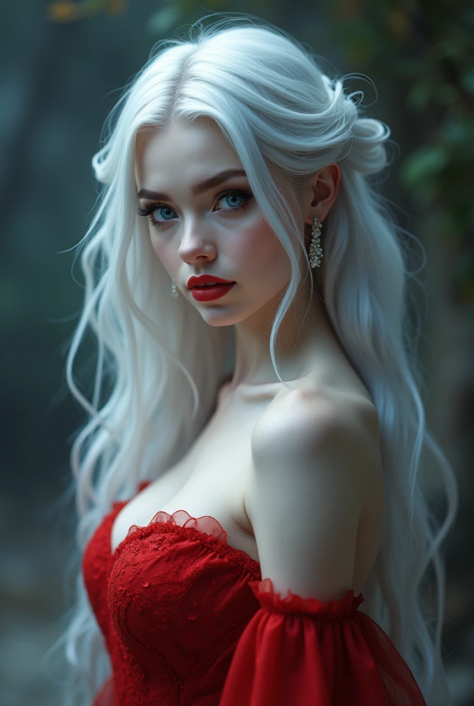 a girl who has pearl white skin, divine beauty, siren eyes, blue ocean eyes, long lashes, arched eyebrows, darkened gaze, pointed nose, natural red lips, sharp jawline, long silver shiny straight hair, ethereal glowing skin, hourglass body, wearing cherry red gown that holds her body and curves perfectly.