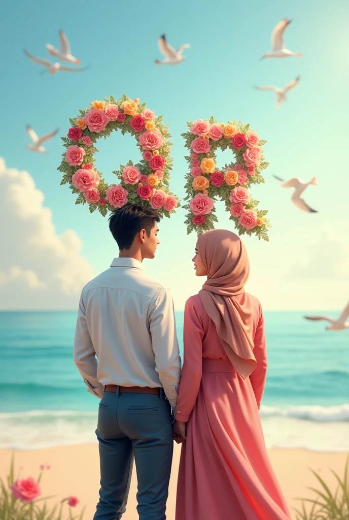 Couples holding letters q and r on top oh their head written by flowers at beach show their back and girl with hijab birds at sky remove the kid