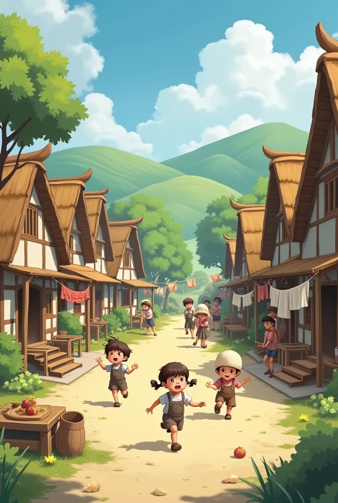 Children playing in a village, while adults are engaged in various tasks."