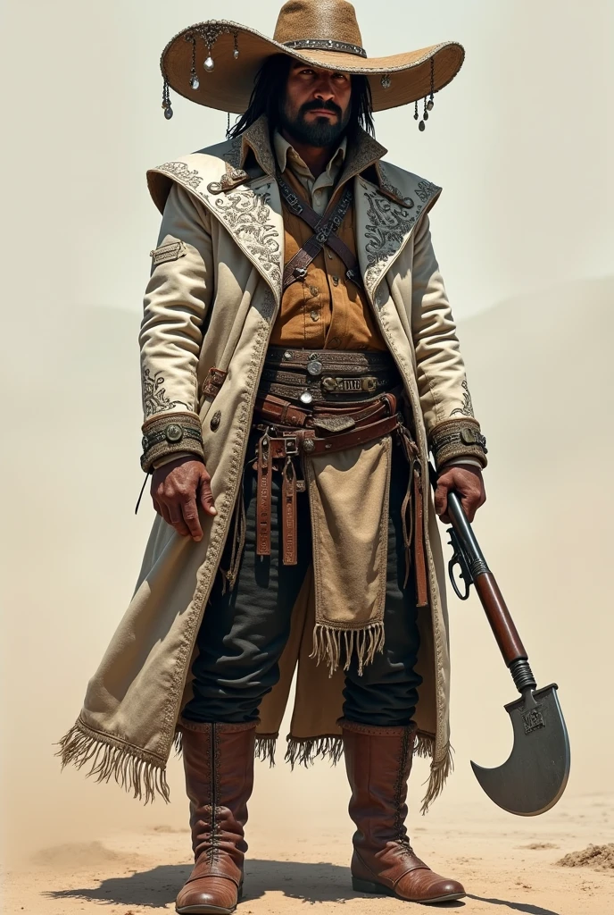hat: Captain Dry Wind wears a wide-brimmed leather hat, typical of bandits, but with a distinct design. The hat is made of dark leather, with reinforced edges and decorated with small metal chains that create a soft tinkling sound in the wind. Instead of feathers, It has small mirrors or crystals that reflect light and create a sparkling effect., evoking the idea of a distant storm.
Clothing: He wears a sturdy, ornate white leather jacket., similar to those of the cangaceiros, but with unique details. The jacket is decorated with light blue and silver embroidery that simulates cloud and lightning patterns., and has a high collar that helps protect against the wind. The bottom of the jacket has a series of leather strips that imitate fringes and add movement to your look..
Pants and Boots: The pants are wide and made of dark leather., with buckles and metallic ornaments that stand out. The boots are high and reinforced, made to withstand the arid terrain, with traction pattern rubber soles. The boots have metal details, like small clasps or plates, that add a touch of robustness and protection.
canons: Captain Dry Wind carries an imposing looking repeating rifle, decorated with silver and blue details, reflecting its connection to the climate. On the other side of the body, he has a big, sharp machete, attached to a leather waistband. The machete has a polished blade with runes or symbols that represent control over wind and drought.. HE DOESN'T HAVE AN AX Belt and Accessories: The leather belt is wide and detailed, with metal buckles and compartments for ammunition and tools. He carries small vials and charms that appear to contain weather elements., like dust or crystals.
Posture and Expression: Captain Vento Seco has an imposing and confident posture, with an expression that mixes determination and a touch of coldness, reflecting his control over the environment and his leadership among the cangaceiros.