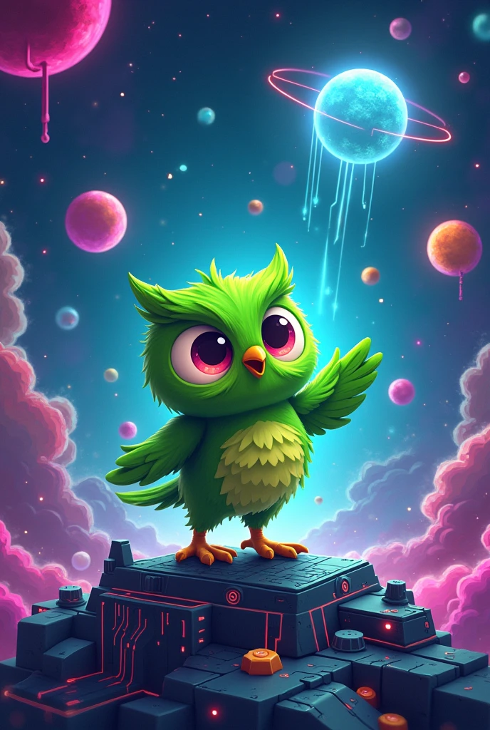 Create a background with an electronic universe in which a green owl is traveling in cartoon style