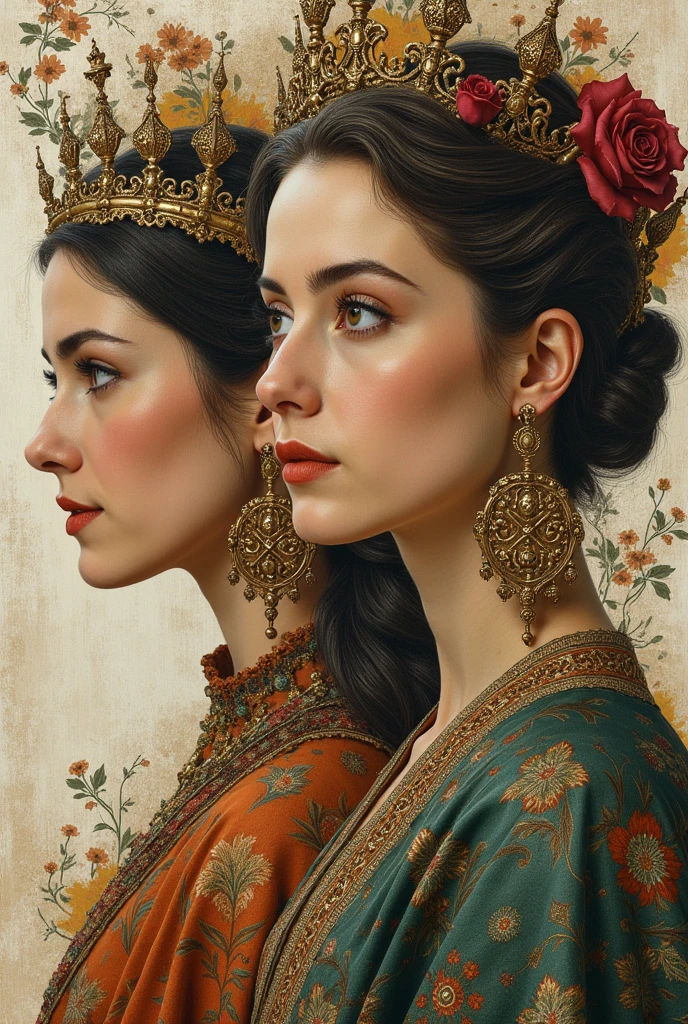Collage about Persian Culture, in which the images overlap, as if they were glued one on top of the other, Images of male and female figures in Timurid painting, LoRESTAN BRONZE, lURISTAN Bronze