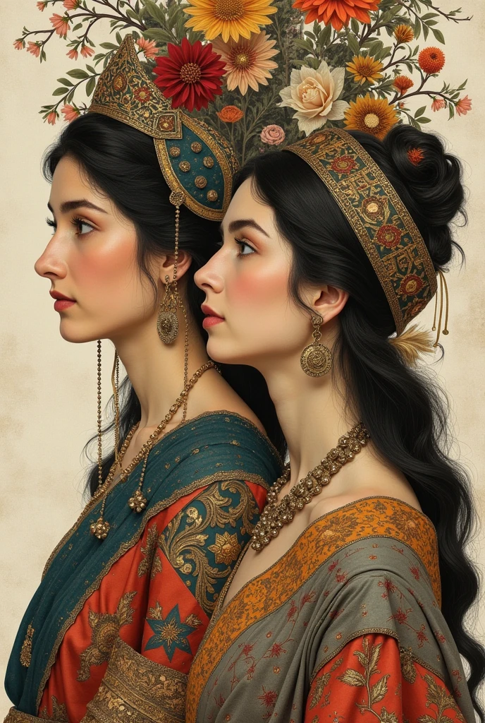 Collage about Persian Culture, in which the images overlap, as if they were glued one on top of the other, Images of male and female figures in Timurid painting, LoRESTAN BRONZE, lURISTAN Bronze