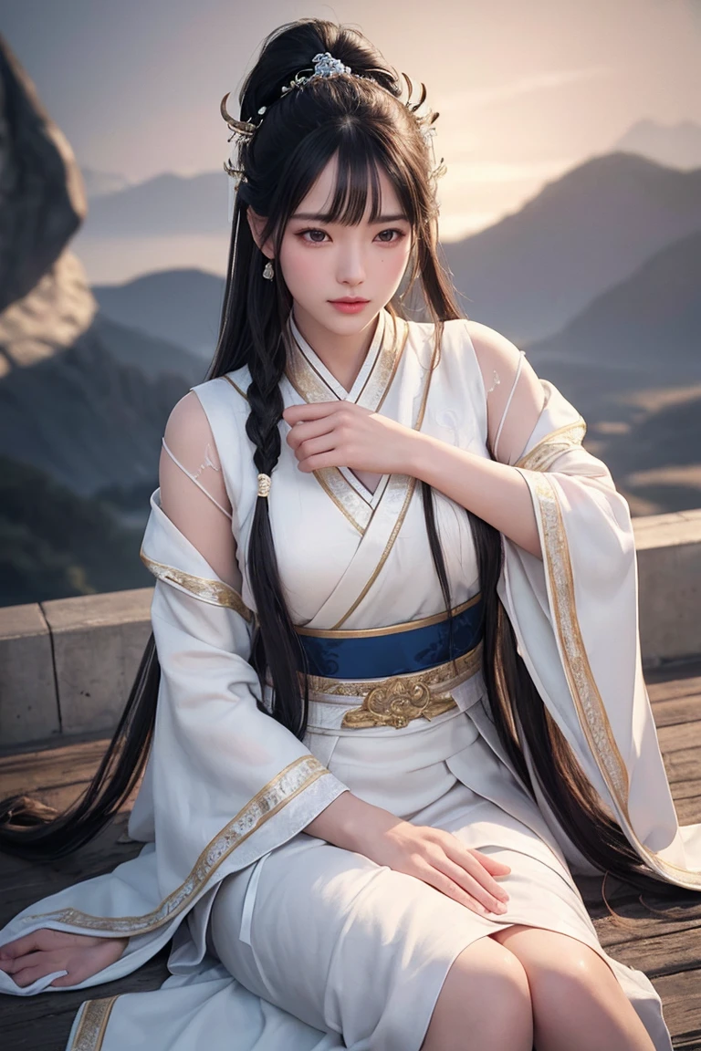 close no rosto， ultra-fine face，Women， chinese style， ancient wind，Hanfu， sitting posture， cabelo longo e branco， Delicate clothing patterns， elegance， opulent， elegance， he used to smile，Celestial sky， ribbons，Feeling of brokenness， That's， blisters， Double braid， hairline， inclined strip， hair band， hair ornaments，glows， cinematic lighting，  hiper HD， A high resolution， best qualityer， 8k， high détail， high qualiy， super detailing， anatomical correct， Masterpiece artwork， precise，fatter，landscape paint，screen