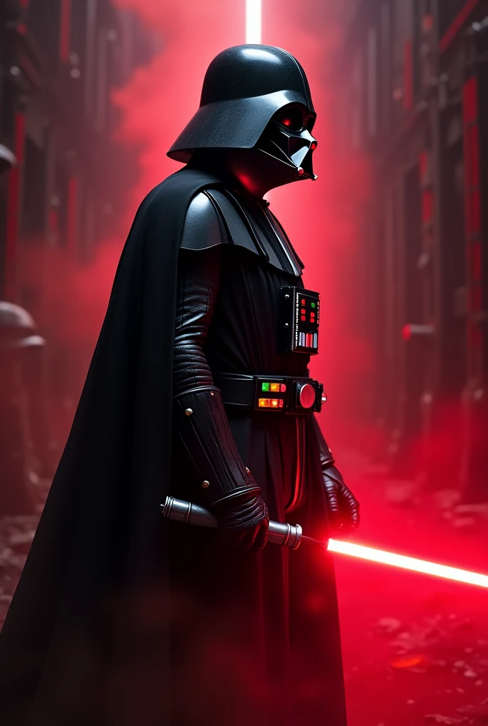 darth vader lokking like a villain epic and dark look from the side red vicinity
red light saber