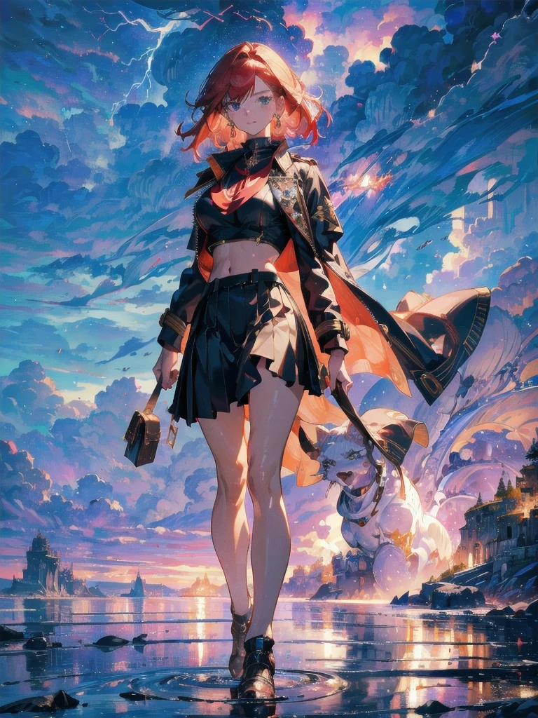 absurdres, RAW photo, extremely delicate and beautiful, masterpiece, Highest Quality, ultra high resolution, 32k, hyperrealistic, realistic, photorealistic, photo-realistic, Real, ultra-detailed, Very detailed CG 8k wallpaper, detailed background, landscape, Beautiful Lighting, Perfect Lightning, Realistic Shadows, perfect anatomy, anatomically correct, ideal ratio body proportions, perfect figure, Perfect Style, Perfect balance, super Detailed skin, in her 30s, very Slim body, narrow waist, very small head, very small face, delicate facial features, handsome detailed woman, very detailed eyes and face, realistic face proportions, Realistic beautiful face, Realistic beautiful eyes, tearful mole, earring, full body shot, very huge round tits, medium hair, asymmetrical hair, red hair, admiral uniform, Skirt, trench coat, midriff, ocean,