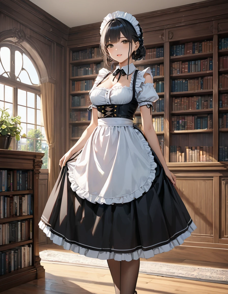  (masterpiece:1.3), (Highest quality:1.3),indoor,Bookshelf,window、Maid clothes＋Dirndl)、