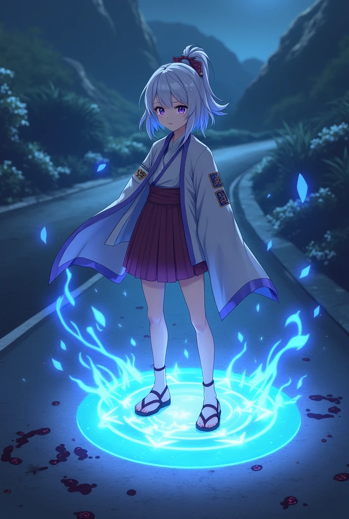 1 girl, Japanese clothes, ponytail ,white hair, purple eyes, magic circle, blue light, เปลวblue light, Wallpaper, terrain, blood, blood splatter, depth of field, nighttime, light particles, light rays, On the side of the road, thigh, fortune \(set\), Genshin Impact, ****, open jacket, skirt, thighสูง, cloud