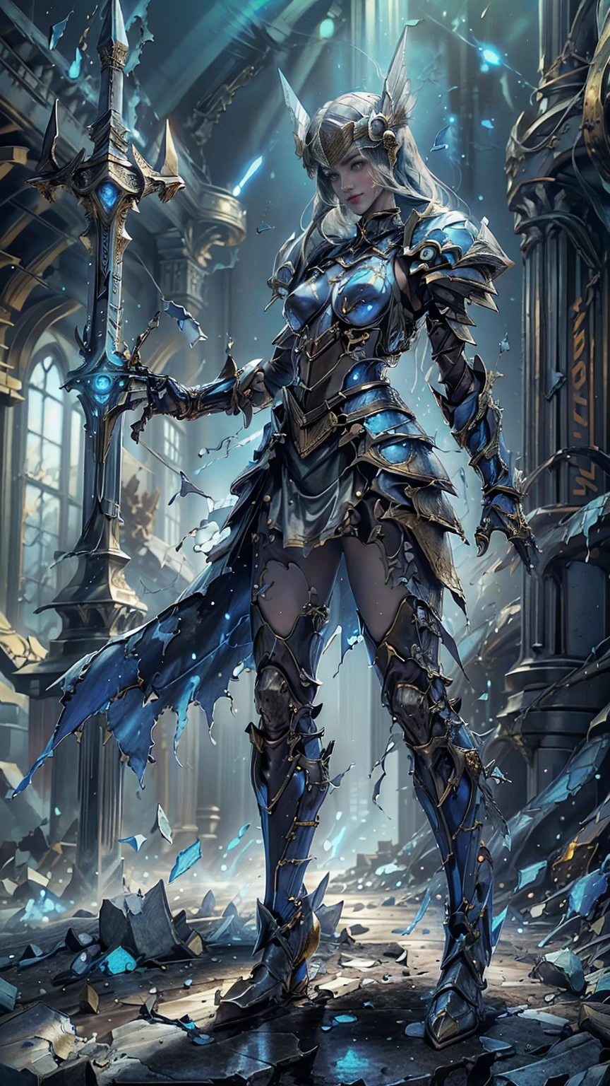 Lenneth from 'Valkyrie profile', blue plate mech4rmor, (damaged armor exposing random skin:1.37), thigh cutout, long skirt,belt,white head ornament,
standing,(holding glowing sword in triumphant pose), light smile,
plains,castle,
(insanely detailed,  masterpiece, best quality),solo, detailed hands, correct hands, 5 fingers, (best hands) 